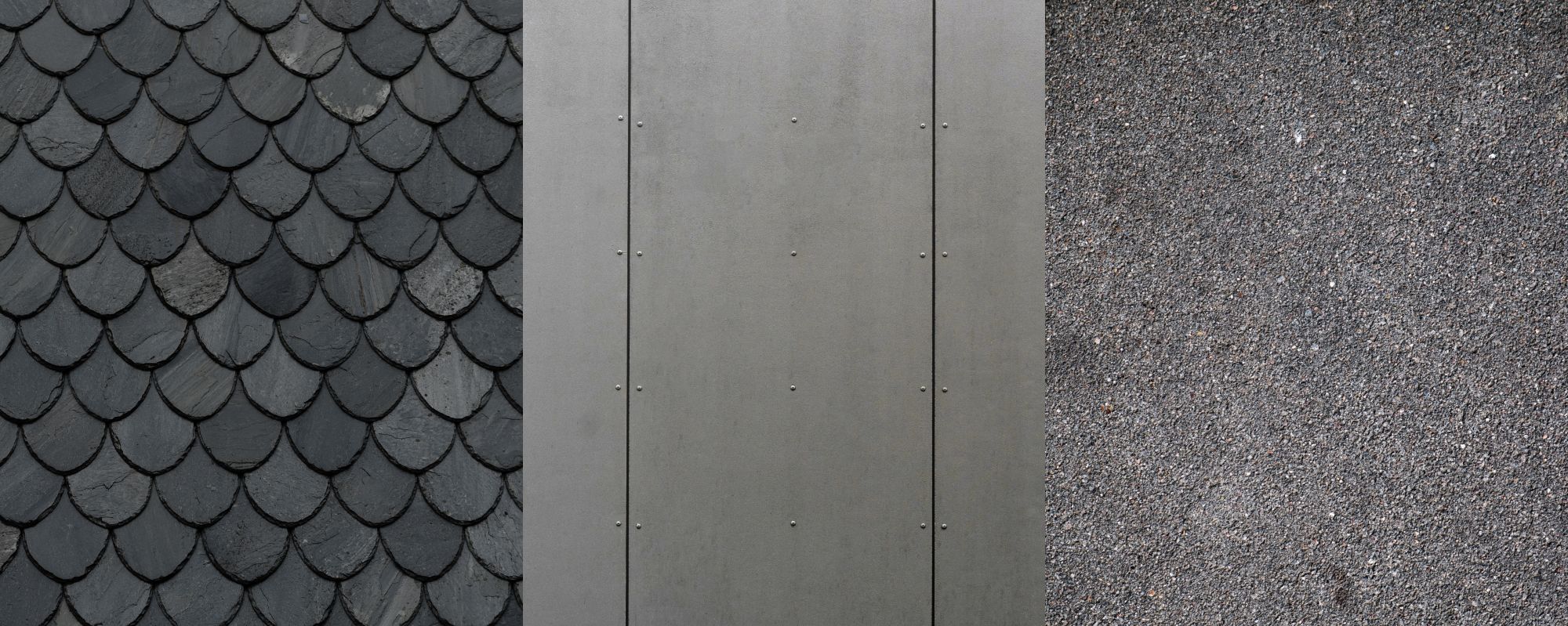 Bild mit drei Paneelen, das verschiedene Texturen zeigt: schwarze Schieferschindeln, glatte Metallpaneele und grober Schotter